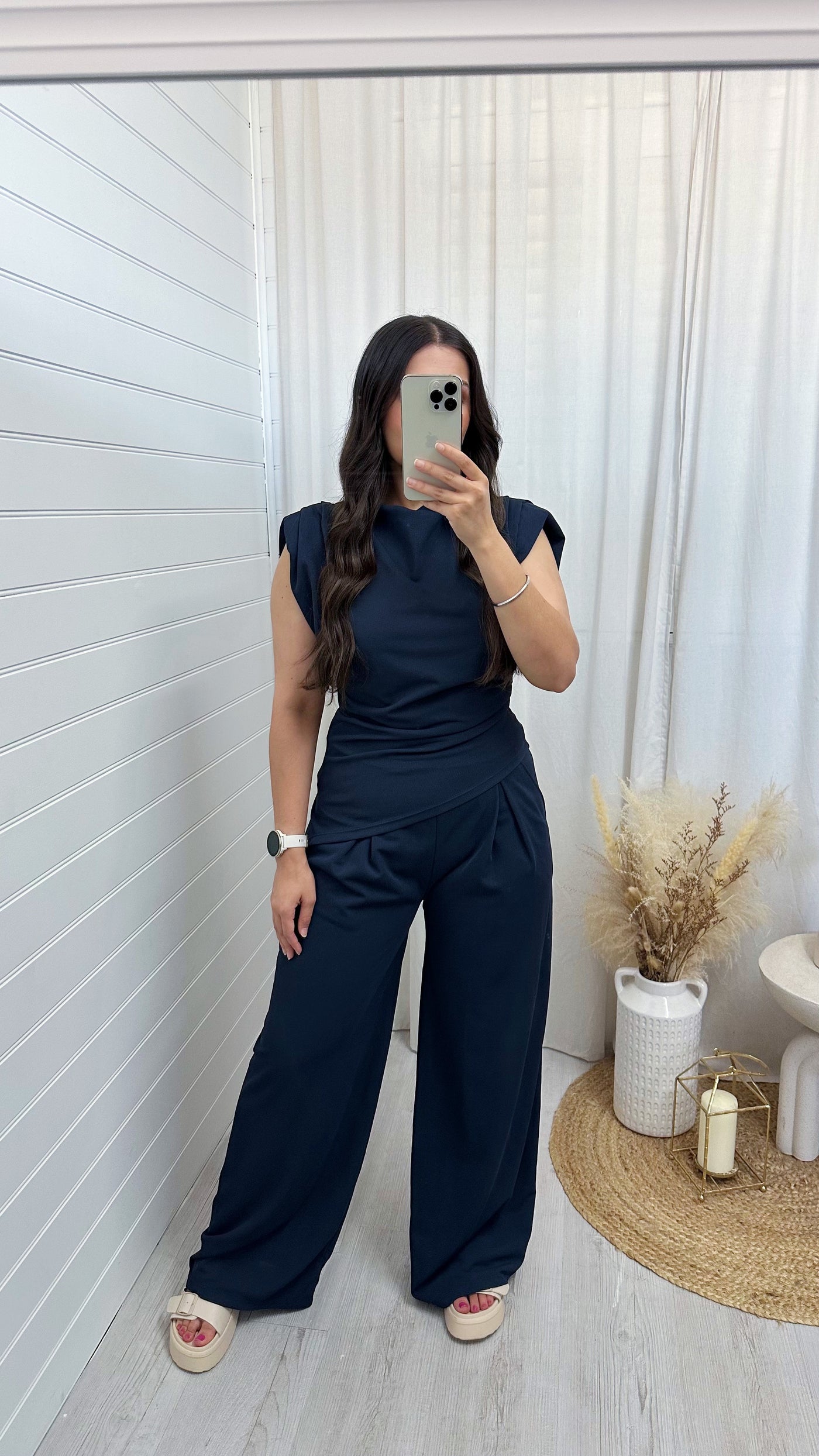 Asymmetrical Top and Wide Leg Trousers Co-Ord - NAVY