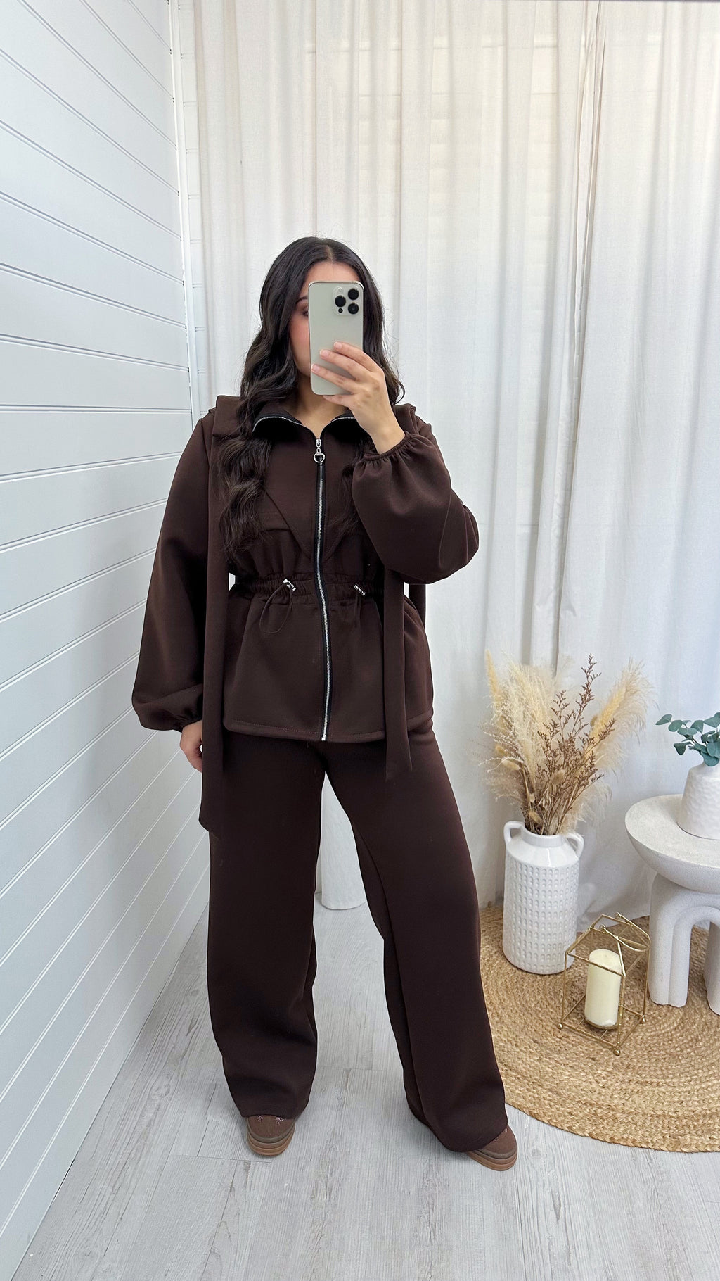 Bow Shoulder Cinched Jacket and Straight Leg Joggers Tracksuit - BROWN