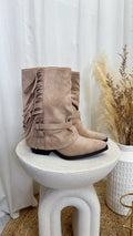 Tassel Trim Suede Cowboy Boots - TAUPE