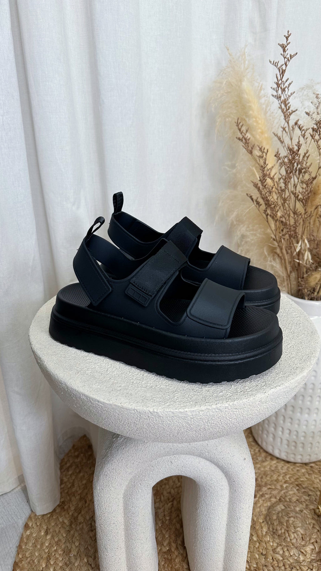 Chunky Velcro Strap Sandals - BLACK