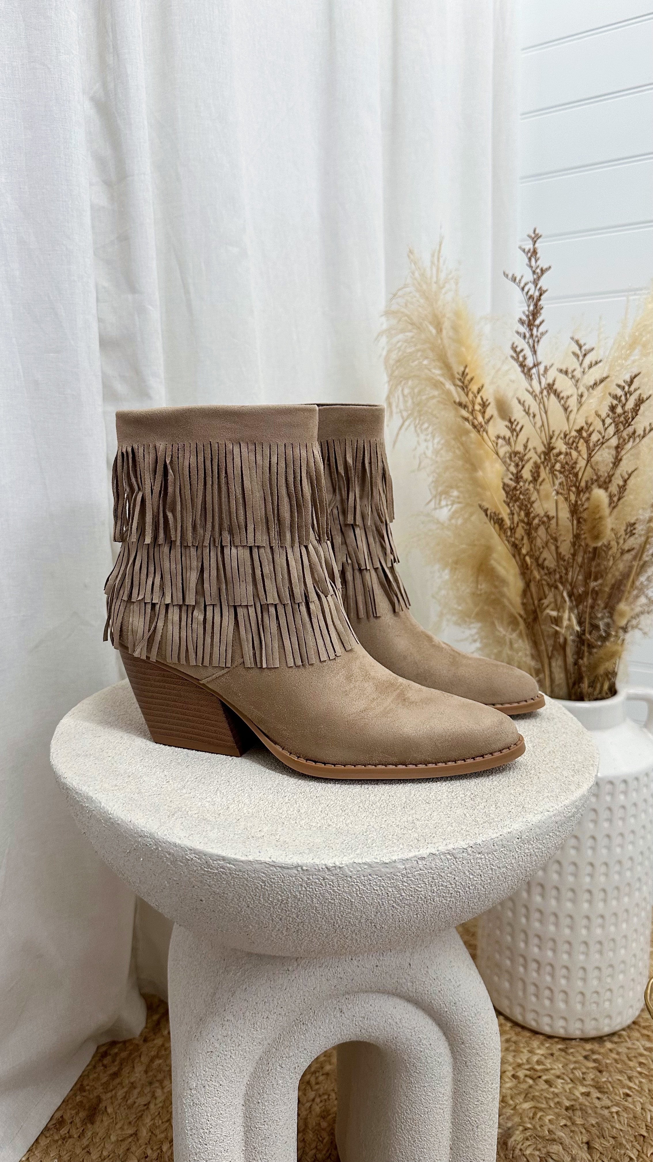 Tassel Cowboy Ankle Boots - TAUPE