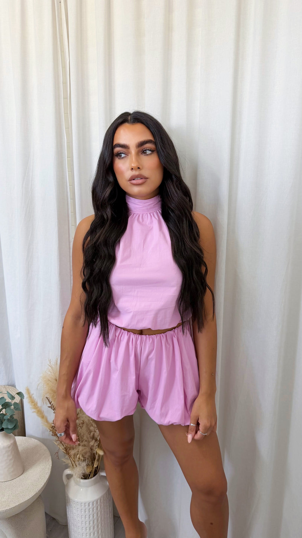 Puff Ball Halter Neck Top and Shorts Co-Ord - PINK
