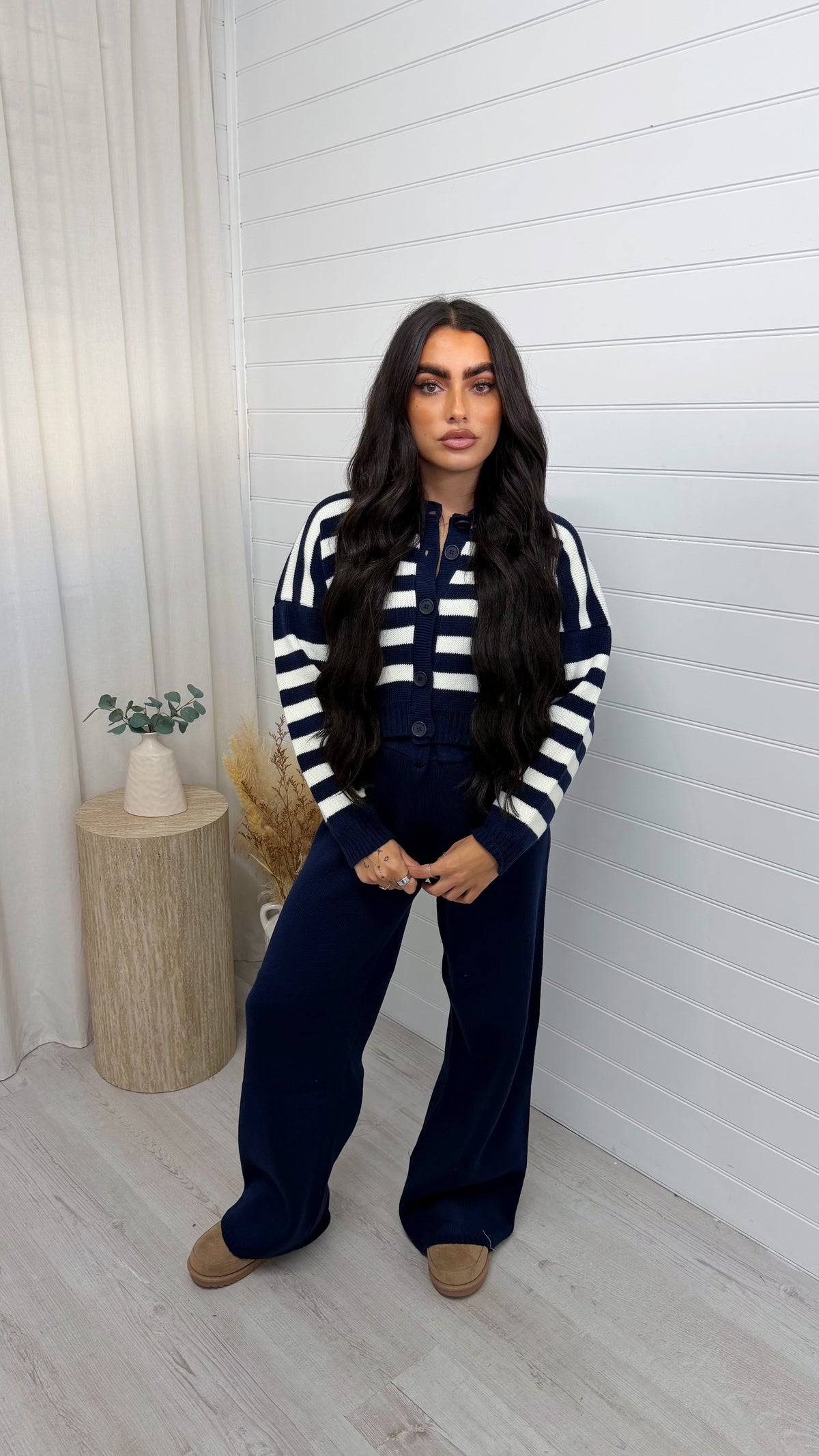 Stripe Knitted Cardigan and Trousers Co-Ord - NAVY