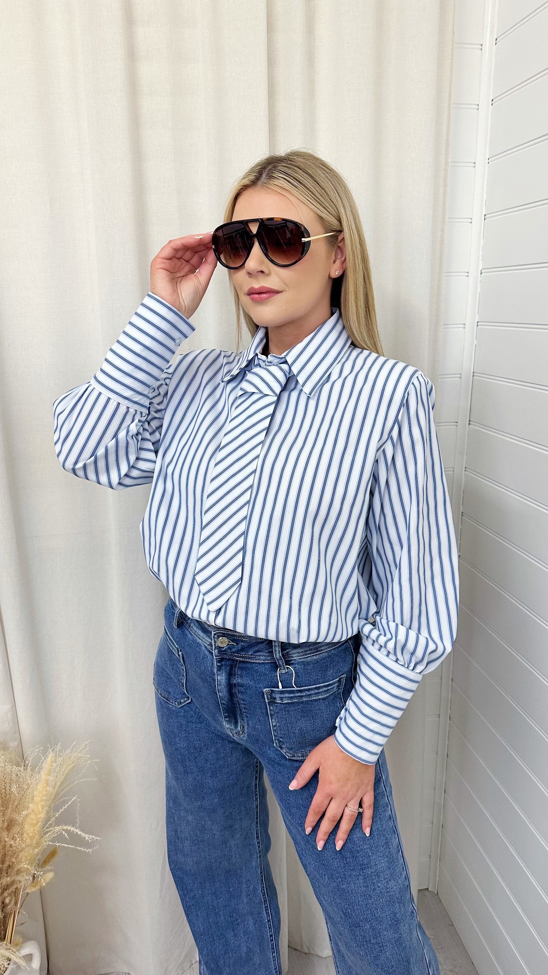 Shoulder Padded Pinstripe Shirt with Tie - BLUE