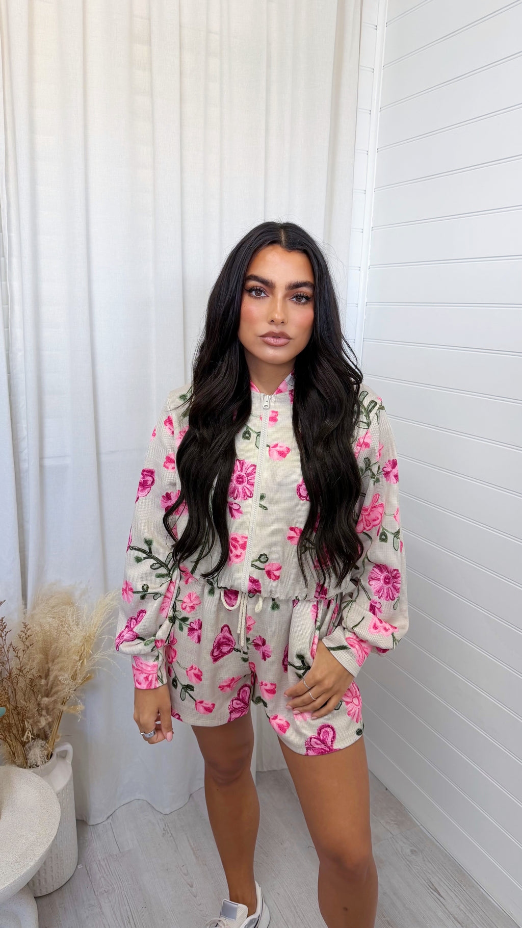 Floral Print Bomber Jacket and Shorts Co-Ord - PINK