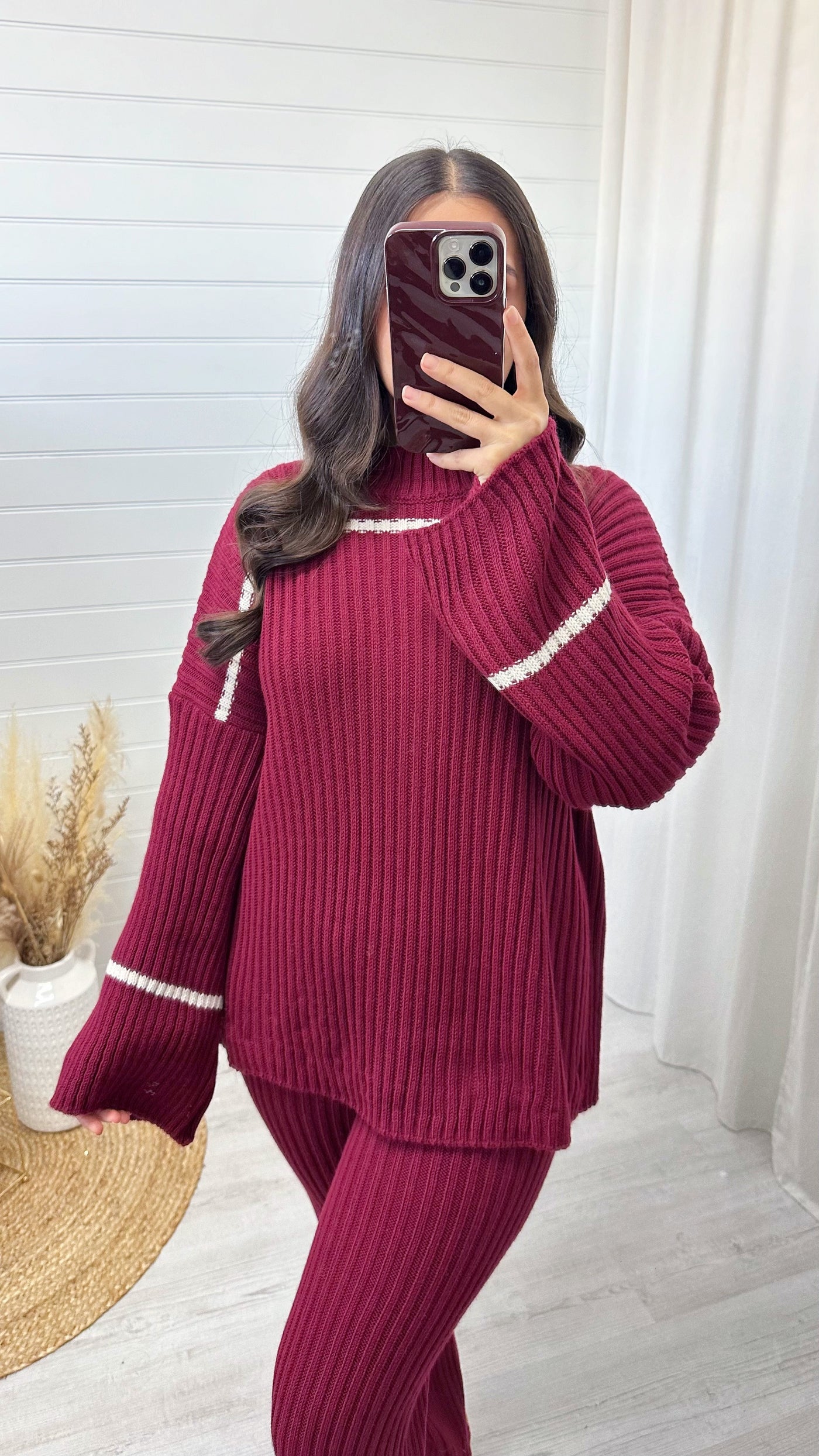 Chunky Knitted Stripe Co-Ord - WINE