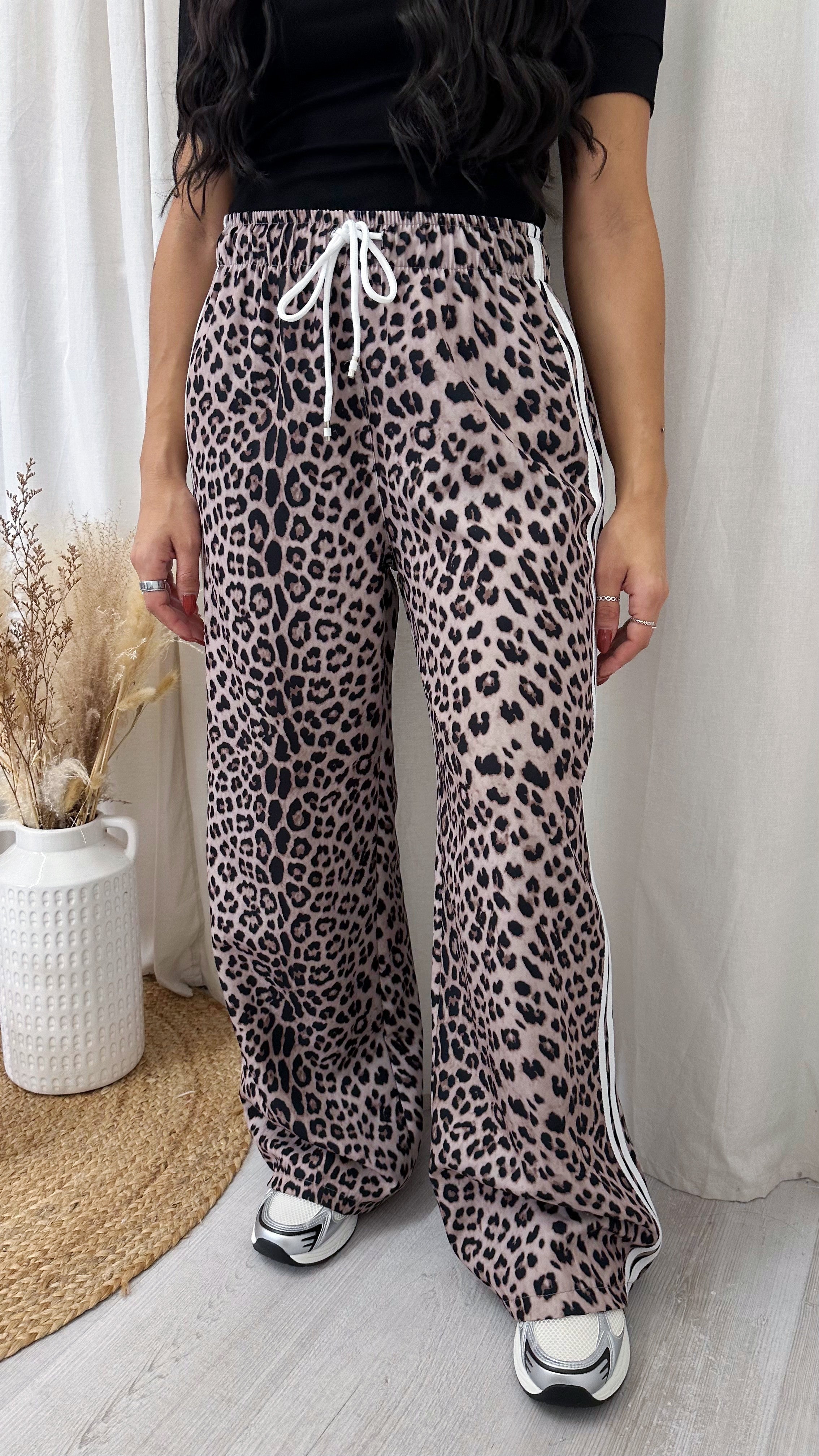 Leopard Print Side Stripe Joggers - BEIGE/BLACK