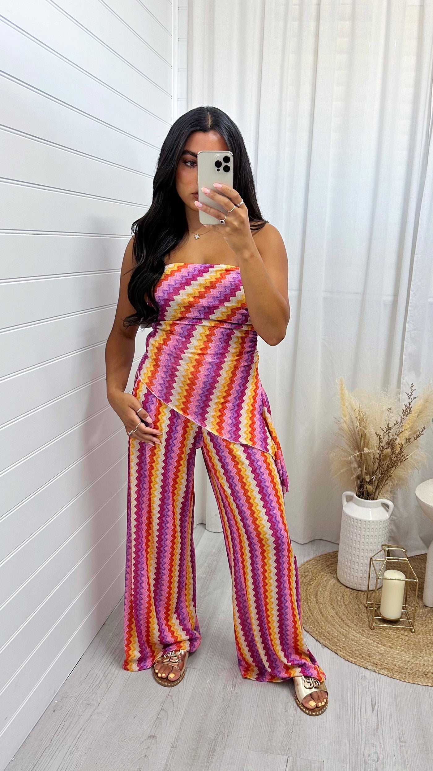 Zig Zag Bandeau Top and Trousers Co-Ord - PINK