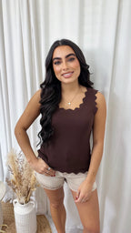 Scalloped Edged Knitted Vest - BROWN