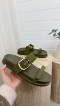 Buckle Strap Suede Sliders - KHAKI
