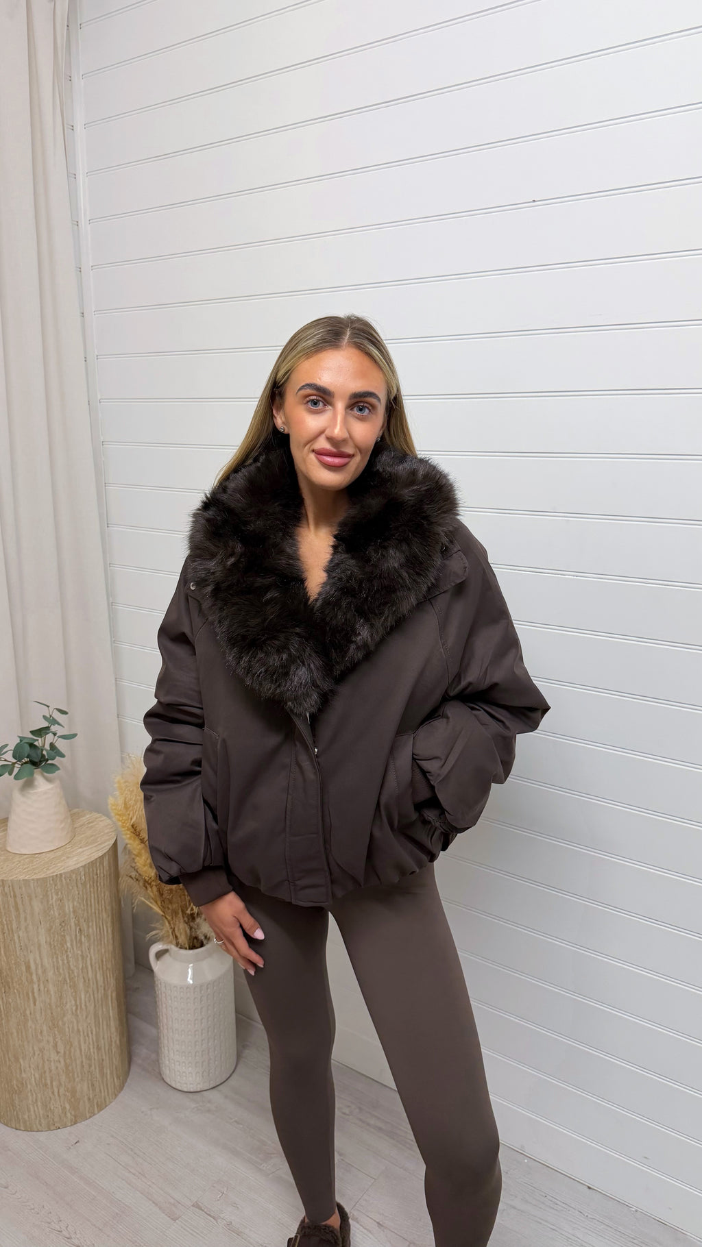 Faux Fur Collar Coat - BROWN