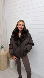 Faux Fur Collar Coat - BROWN