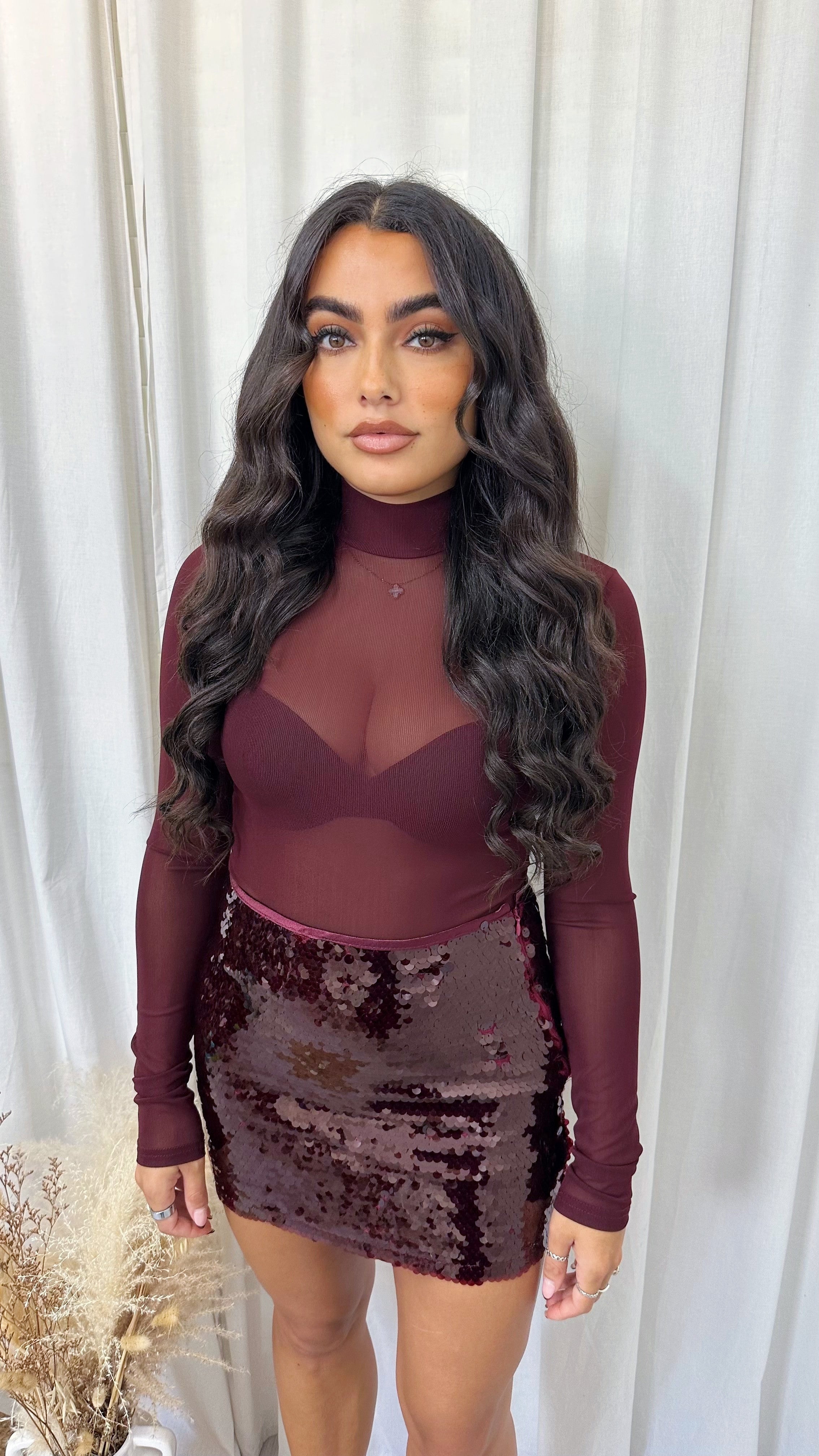 Plain Mesh Long Sleeve Bodysuit - WINE