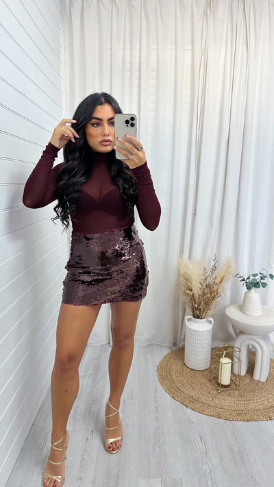 High Shine Sequin Mini Skirt - BURGUNDY