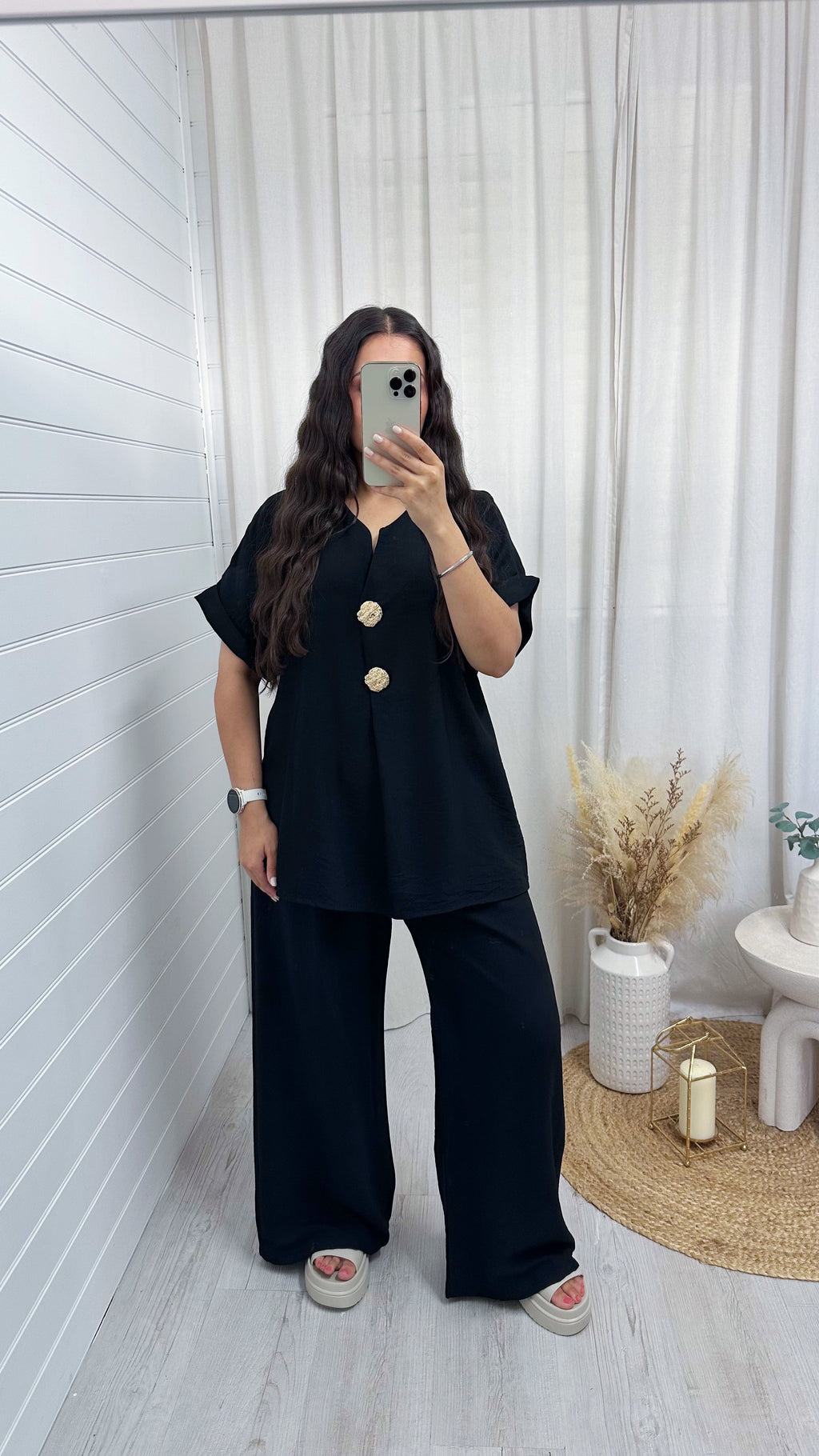 Gold Button V Neck Top and Wide Leg Trousers Co-Ord - BLACK