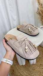 Beaded Tassel Suede Mules - LIGHT BEIGE