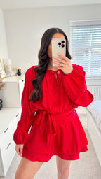 Chiffon Shoulder Padded Dress - RED