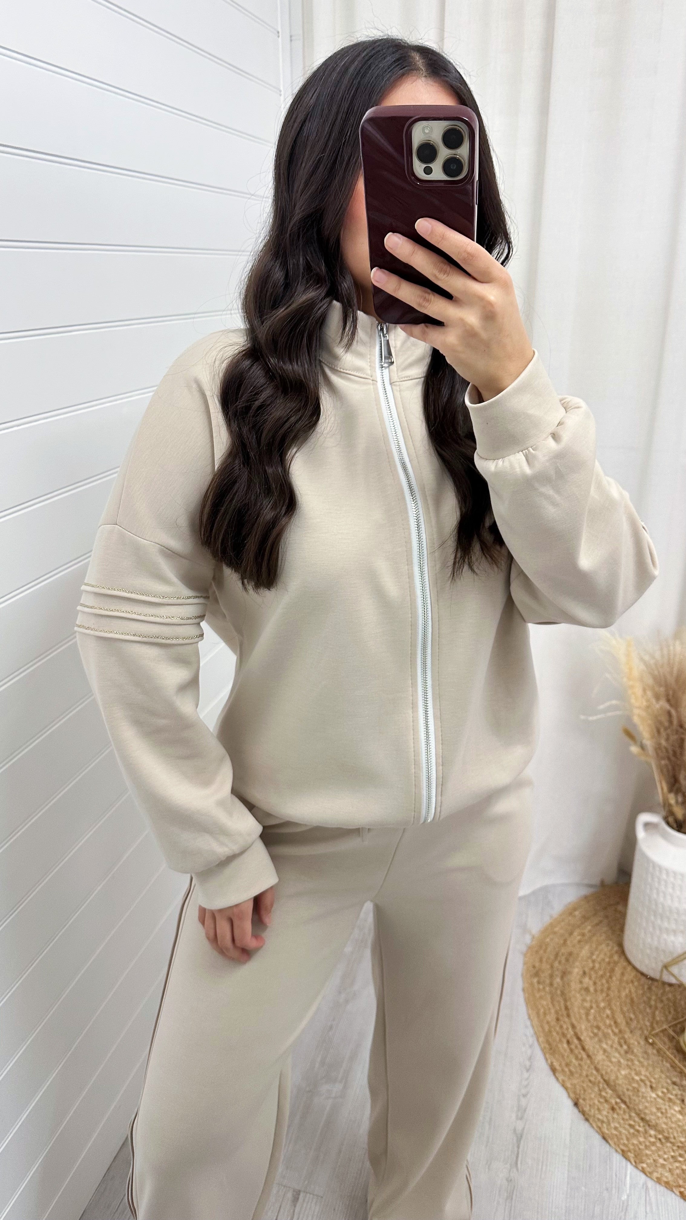 Gold Embroidered Bomber Jacket and Joggers Tracksuit - BEIGE