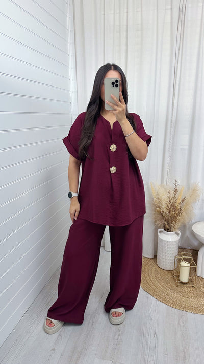 Gold Button V Neck Top and Wide Leg Trousers Co-Ord - WINE