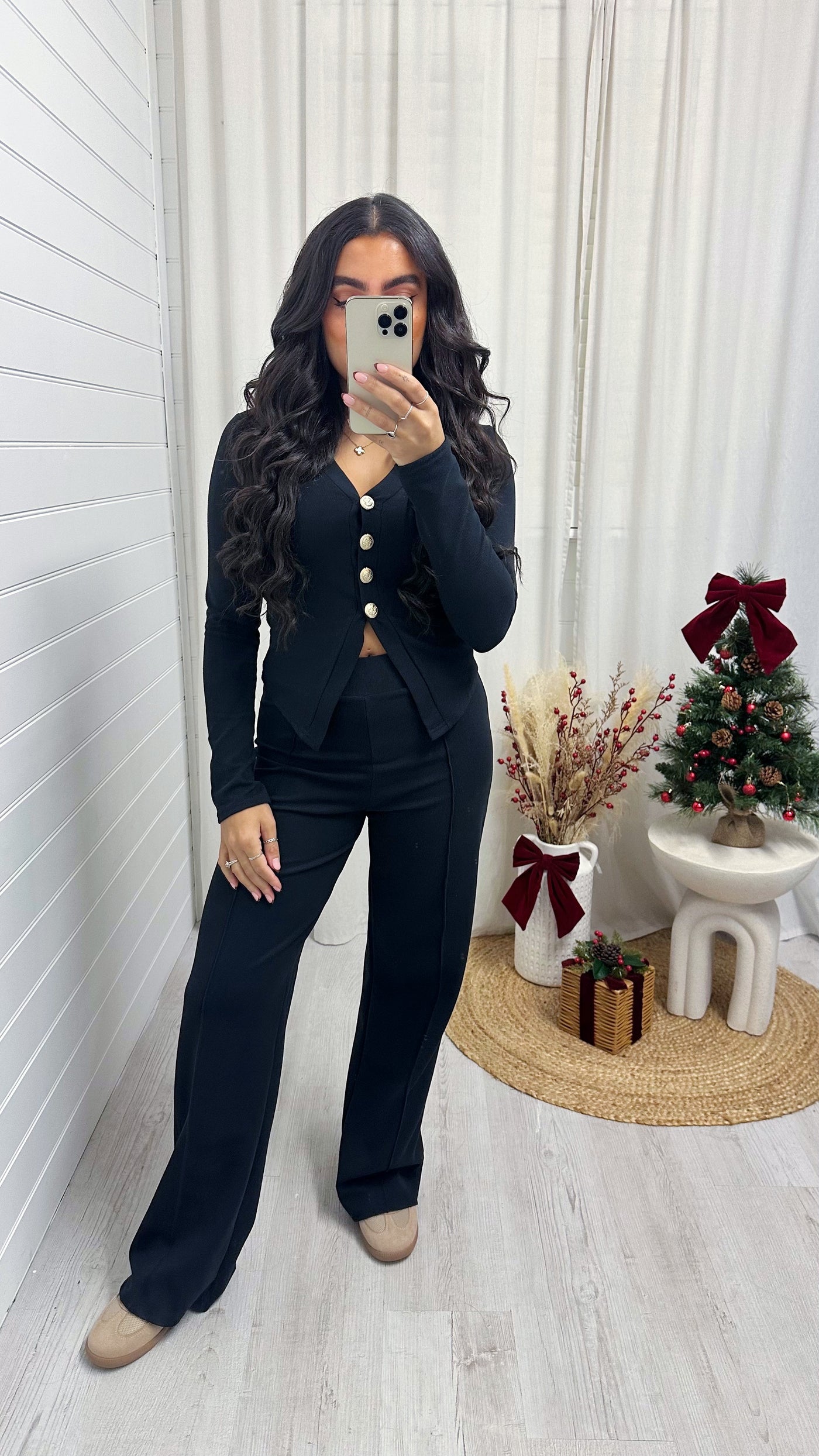 Gold Button Cardigan and Straight Trousers Co-Ord - BLACK