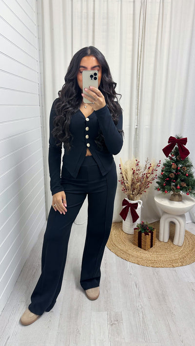 Gold Button Cardigan and Straight Trousers Co-Ord - BLACK