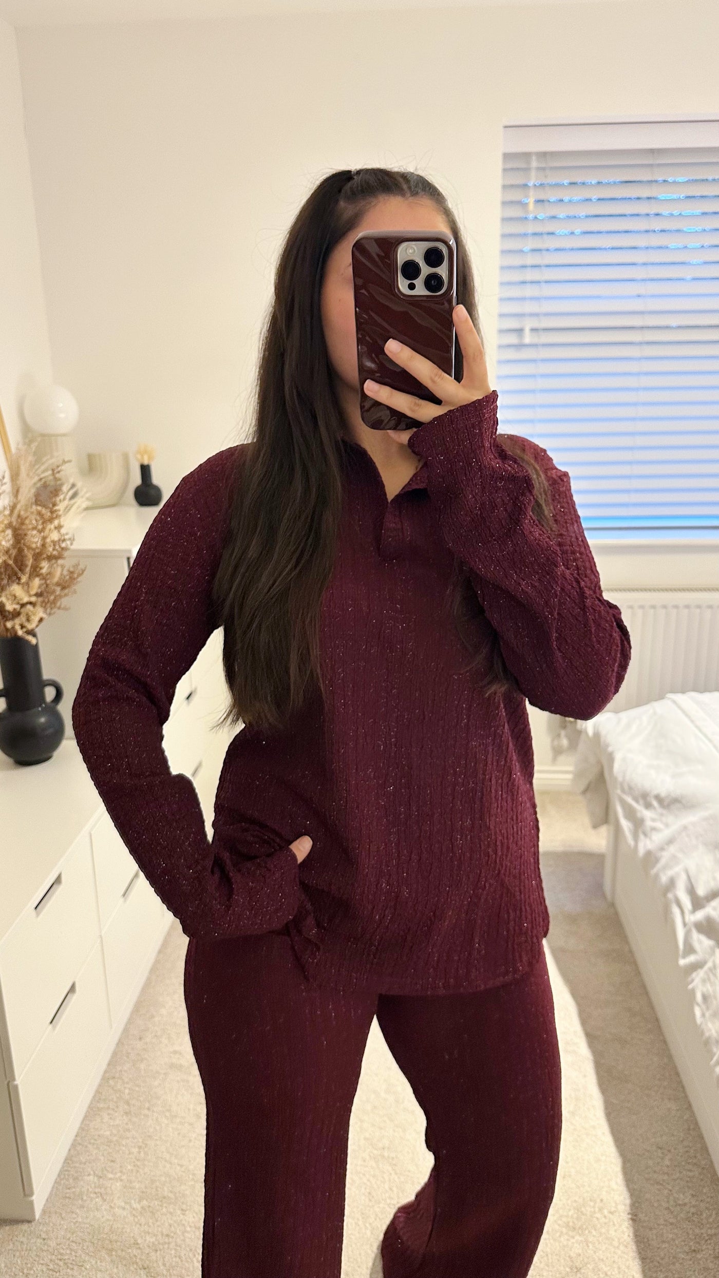 Textured Shimmer V Neck Top and Trousers Co-Ord - WINE