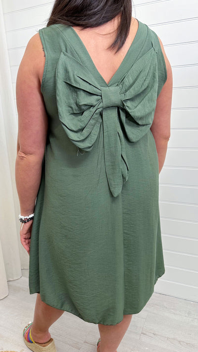 Linen Bow Back Summer Dress - SAGE