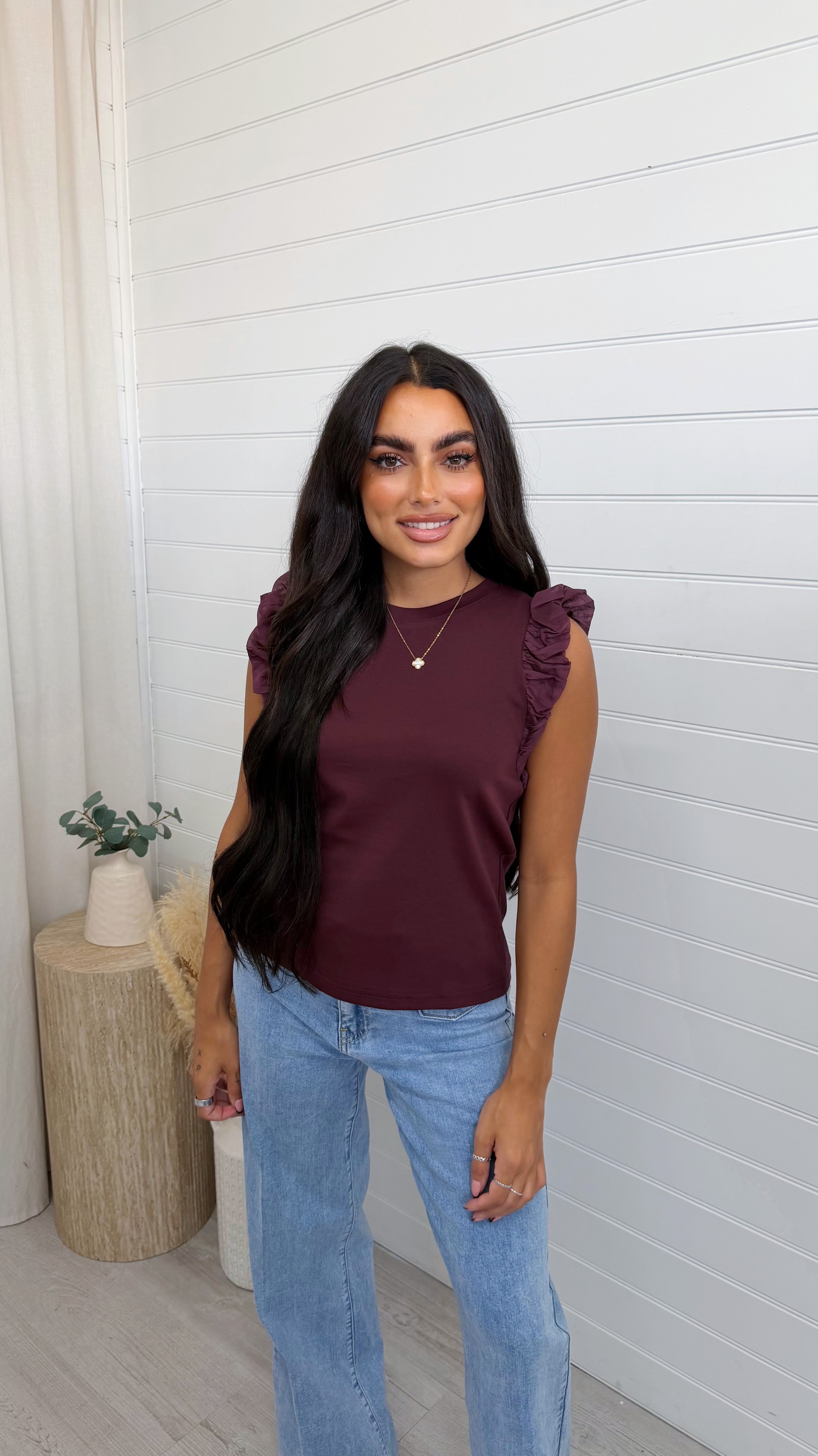 Tulle Sleeve Vest Top - WINE