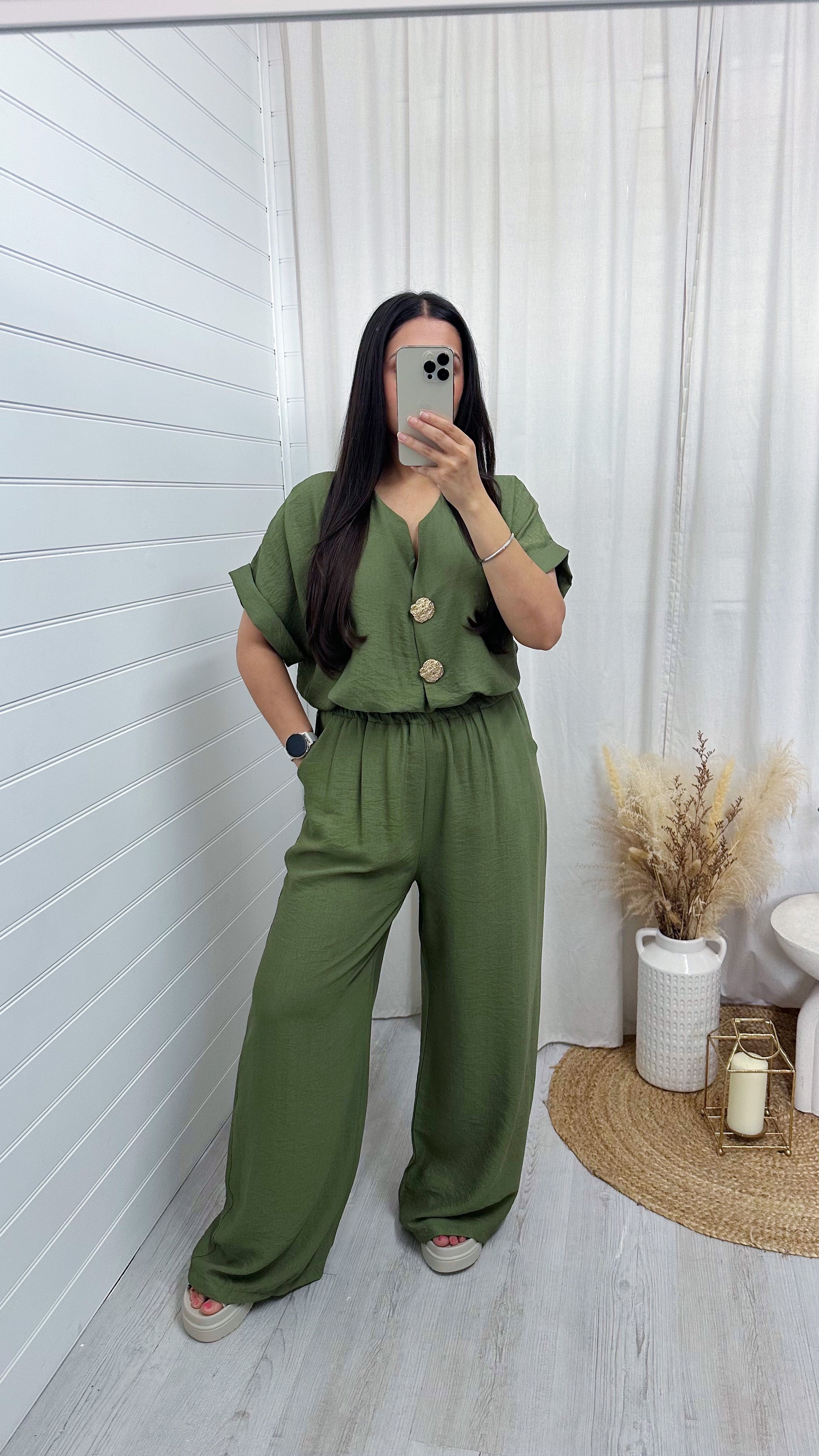 Gold Button V Neck Top and Wide Leg Trousers Co-Ord - LIGHT KHAKI