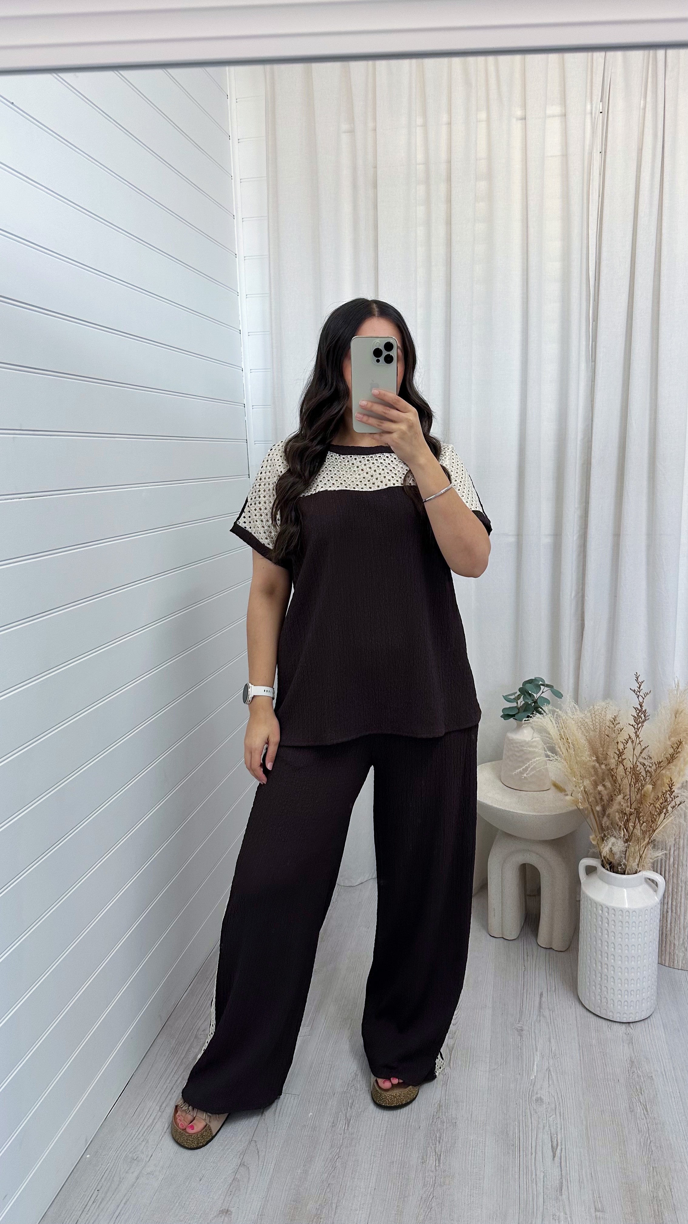 Metallic Mesh T-Shirt and Trouser Co-Ord - DARK BROWN