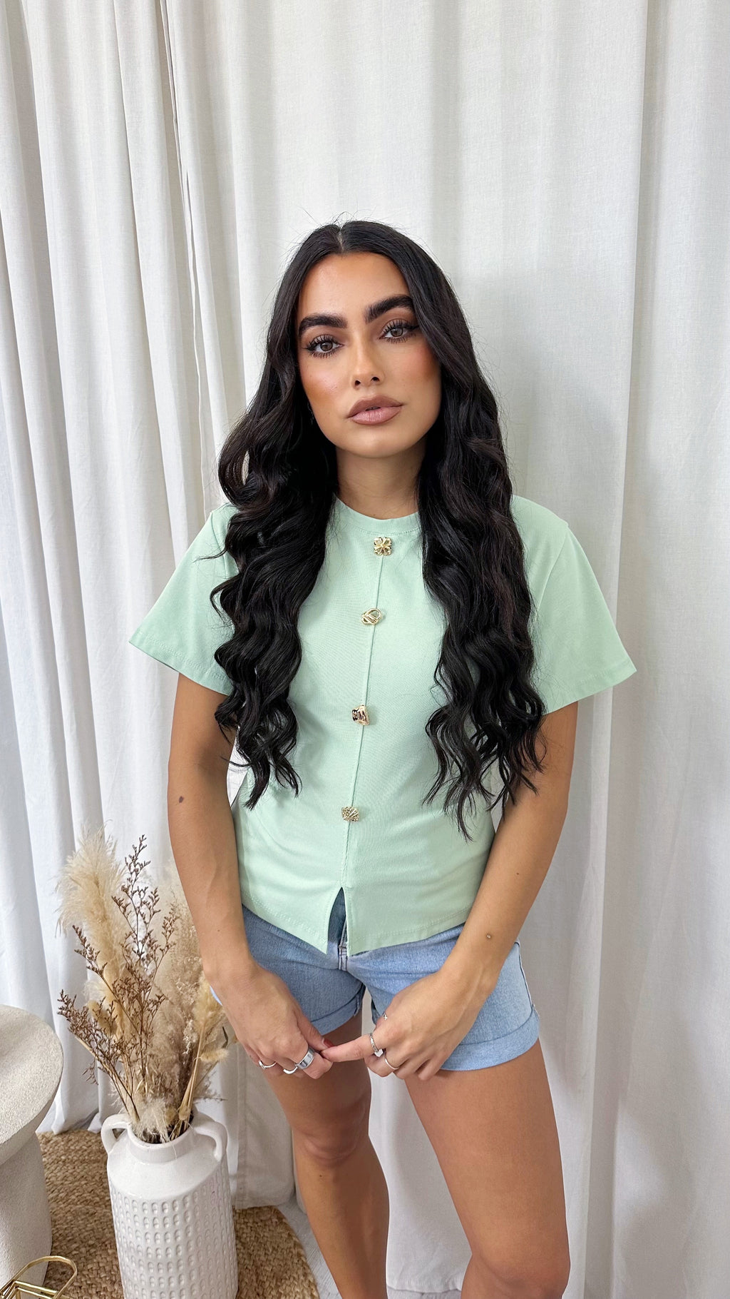 Soft Ribbed Gold Button Cinched T-Shirt - MINT