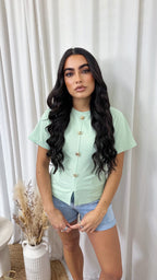Soft Ribbed Gold Button Cinched T-Shirt - MINT