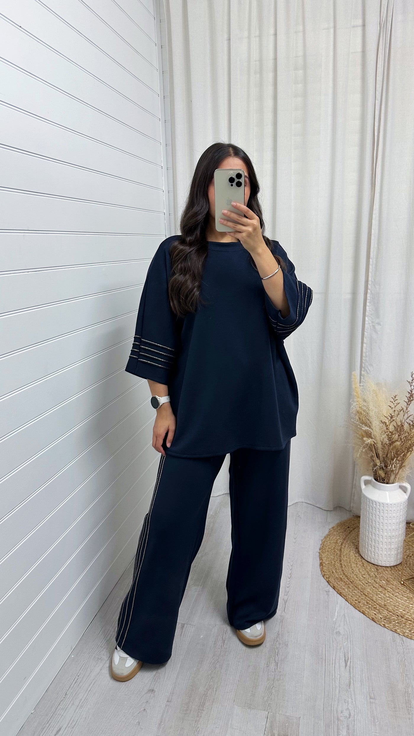 Gold Stripe Oversized Top and Wide Leg Trousers Co-Ord - NAVY