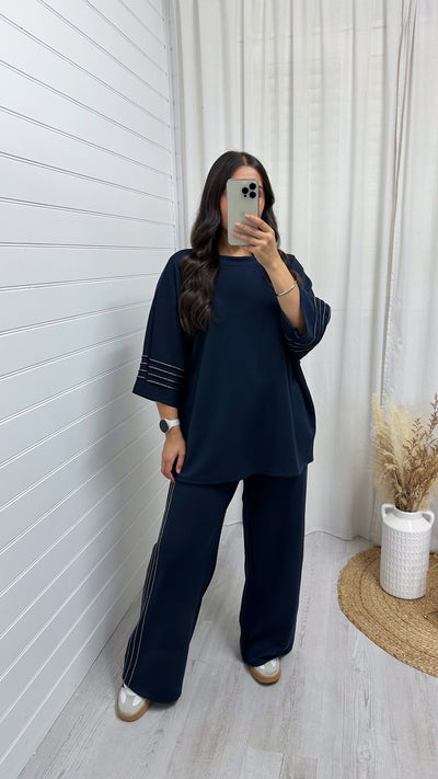 Gold Stripe Oversized Top and Wide Leg Trousers Co-Ord - NAVY