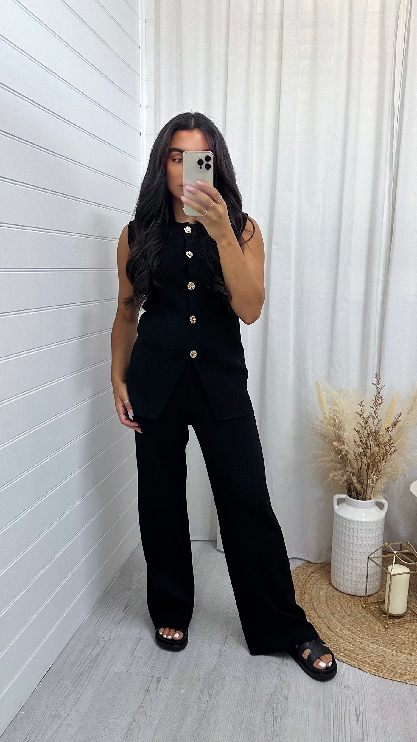 Fine Knit Gold Button Waistcoat and Trousers Co-Ord - BLACK