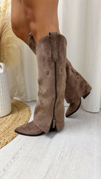 Knee High Embroidered Fold Over Cowboy Boots - TAUPE