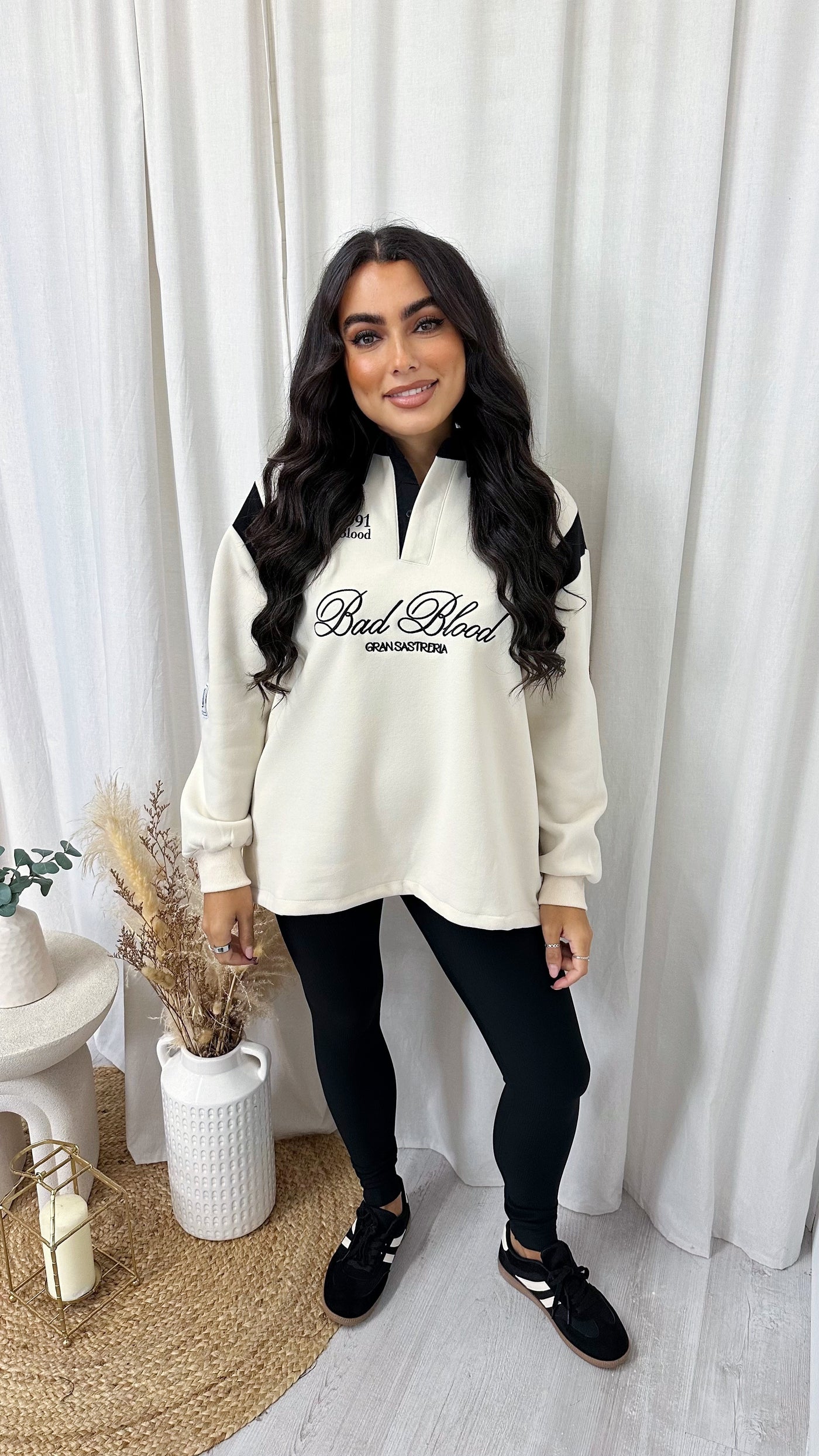 'Bad Blood' Embroidered Slogan Collared Sweatshirt - CREAM