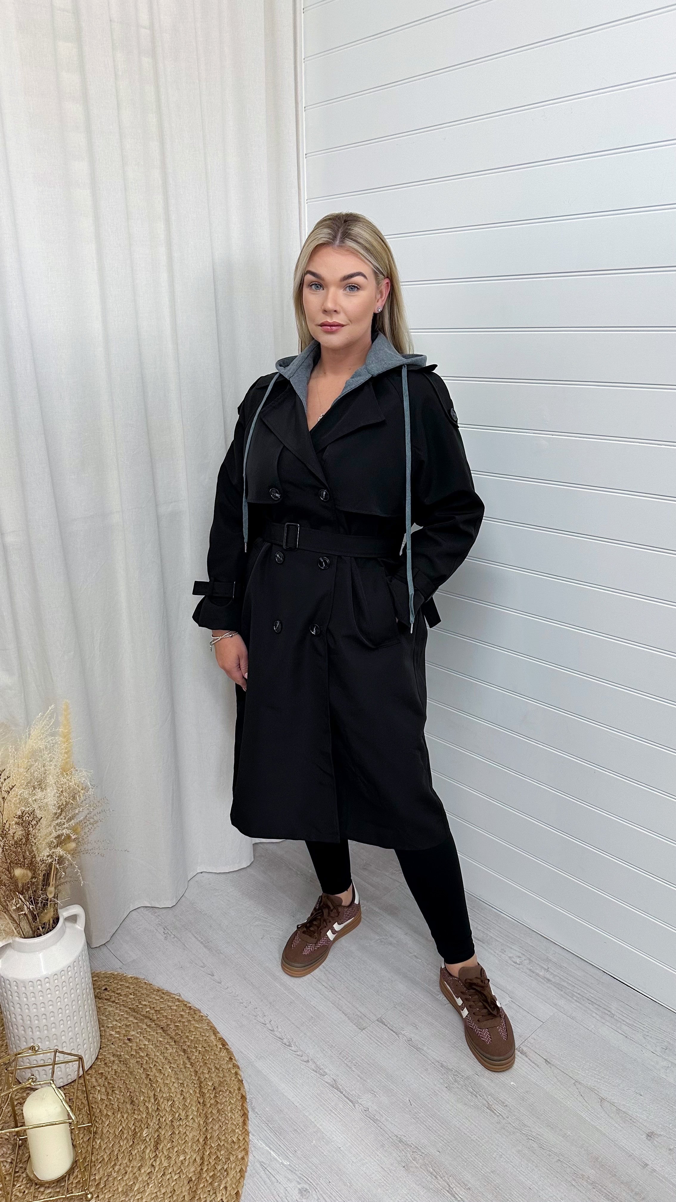 Premium Hooded Lightweight Mac - BLACK/GREY