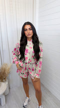 Floral Print Bomber Jacket and Shorts Co-Ord - PINK
