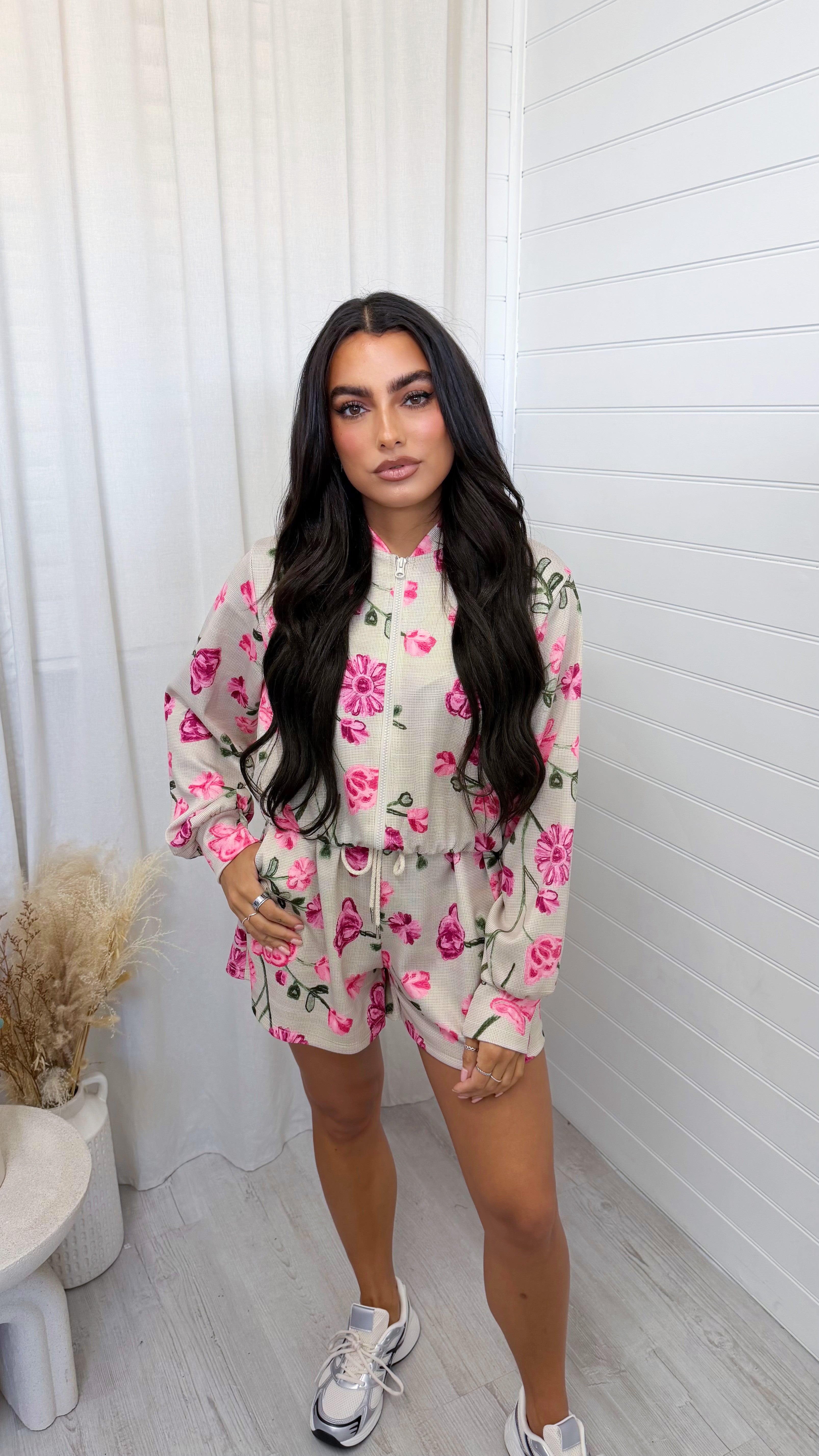 Floral Print Bomber Jacket and Shorts Co-Ord - PINK