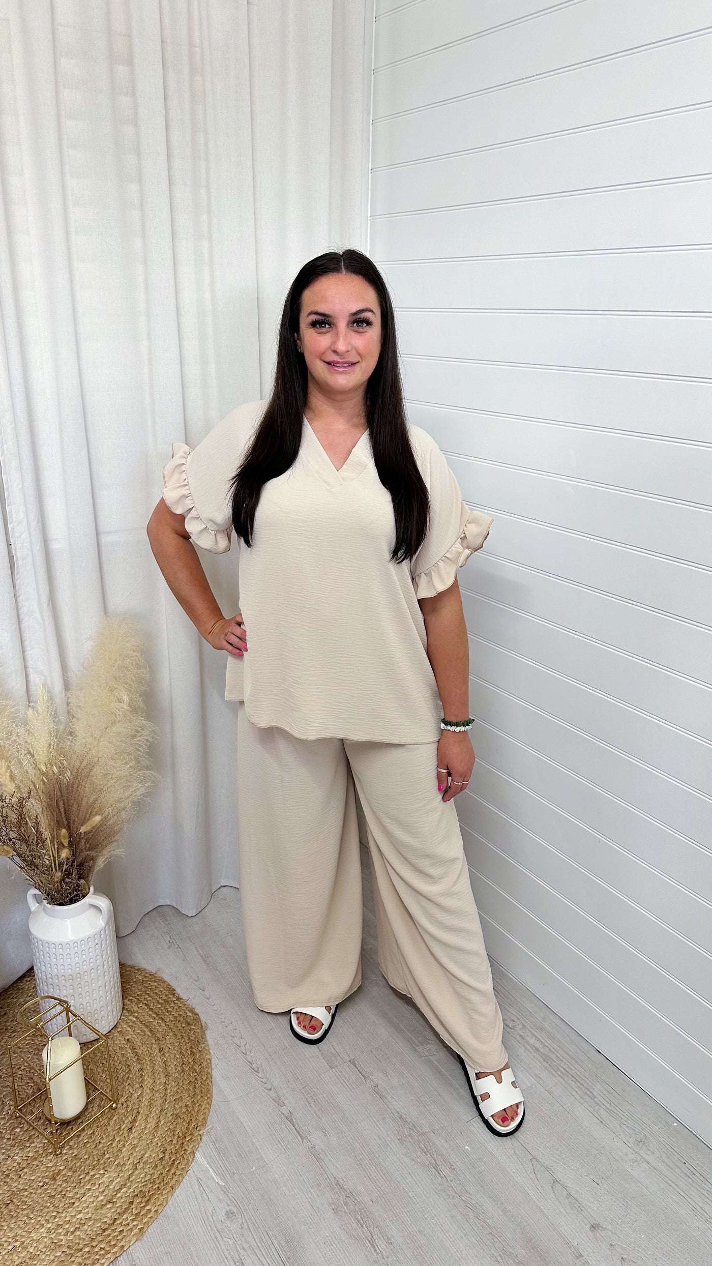 PLUS V-Neck Frill Sleeve Top and Wide Leg Trousers Co-Ord - BEIGE