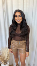 Swirly Rhinestone Mesh Long Sleeve Bodysuit - BROWN