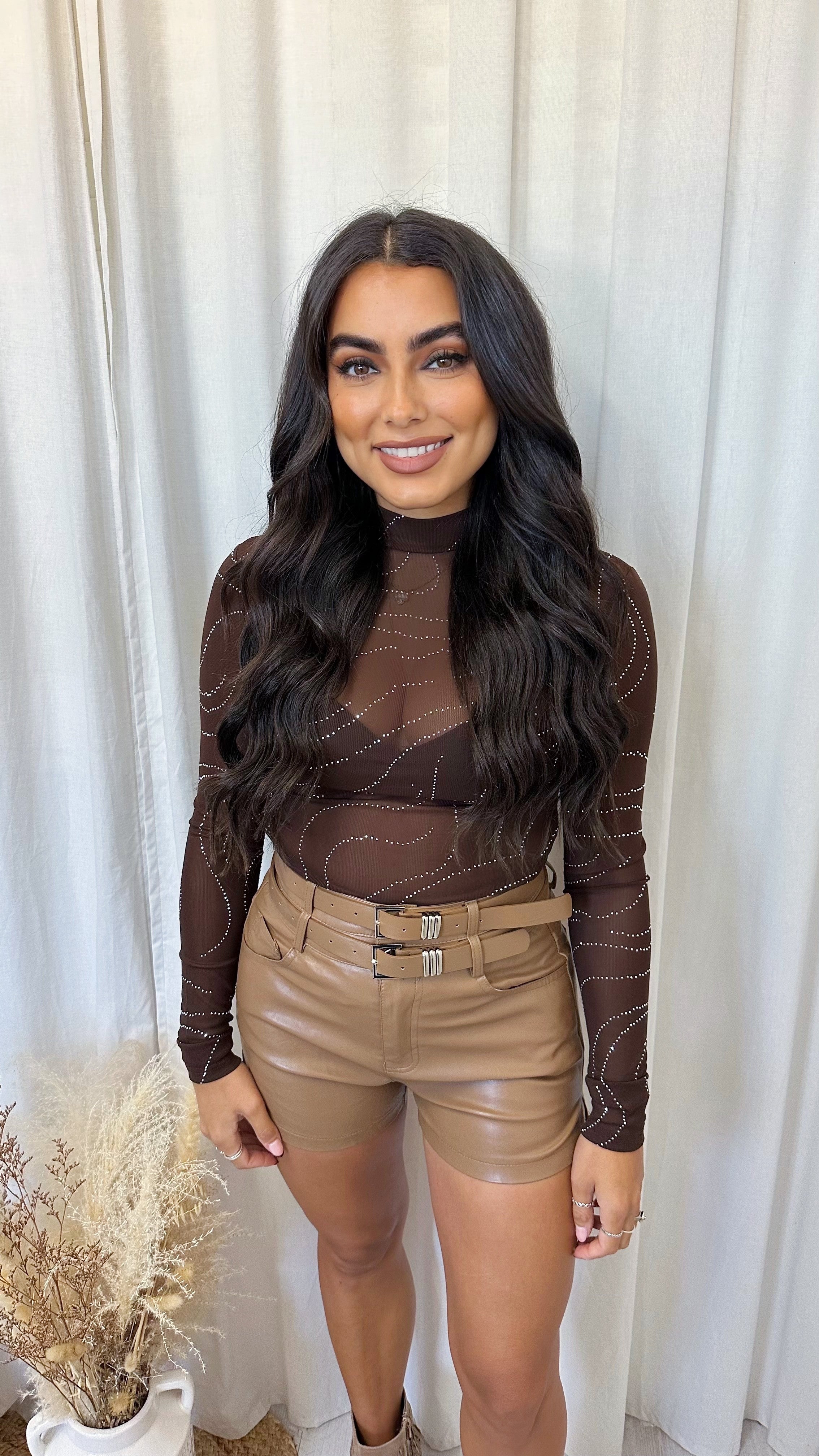 Swirly Rhinestone Mesh Long Sleeve Bodysuit - BROWN