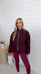 Pleated Shoulder Bomber Jacket - BURGUNDY