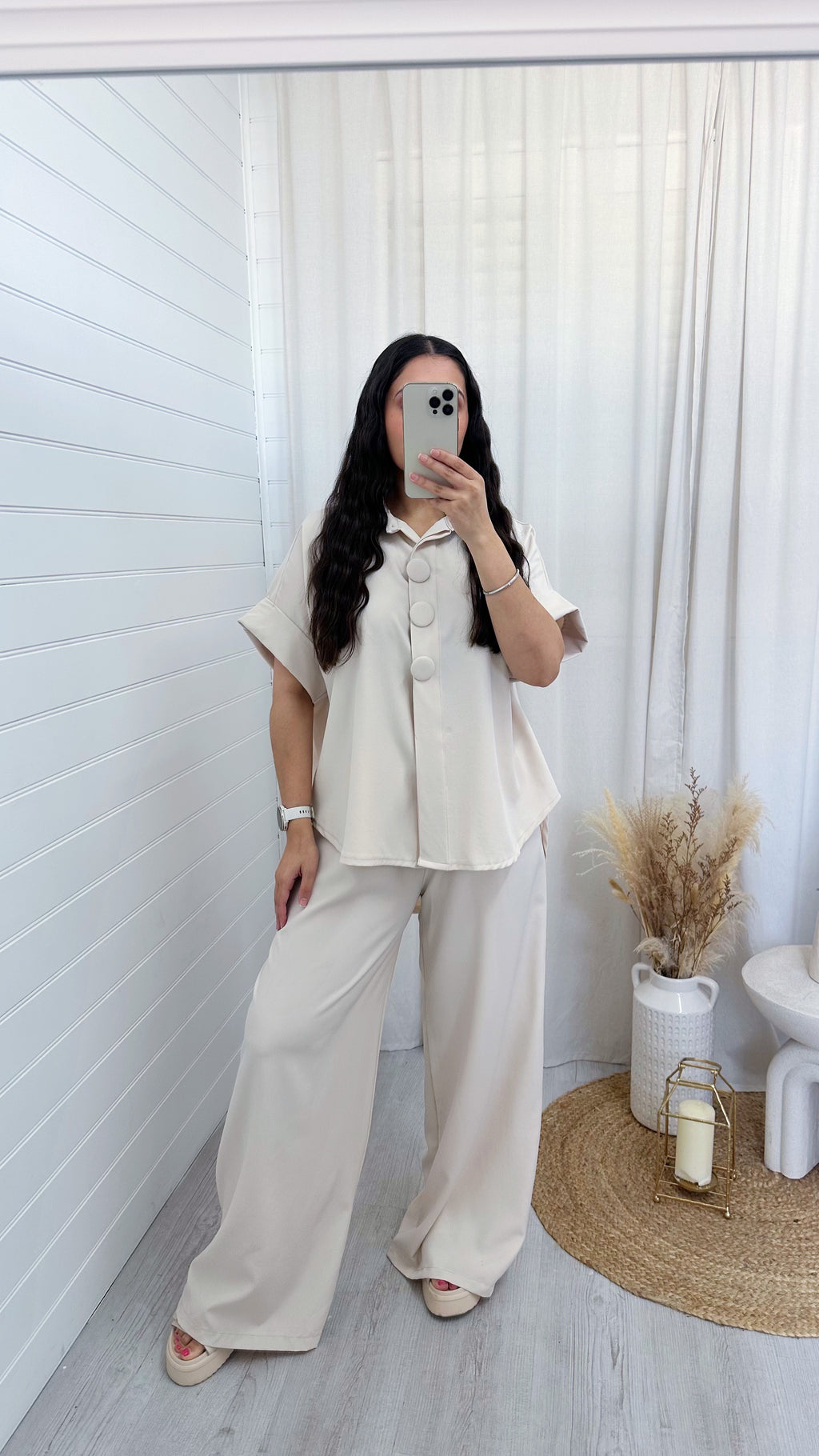 Chunky Button Shirt and Wide Leg Trousers Co-Ord - BEIGE