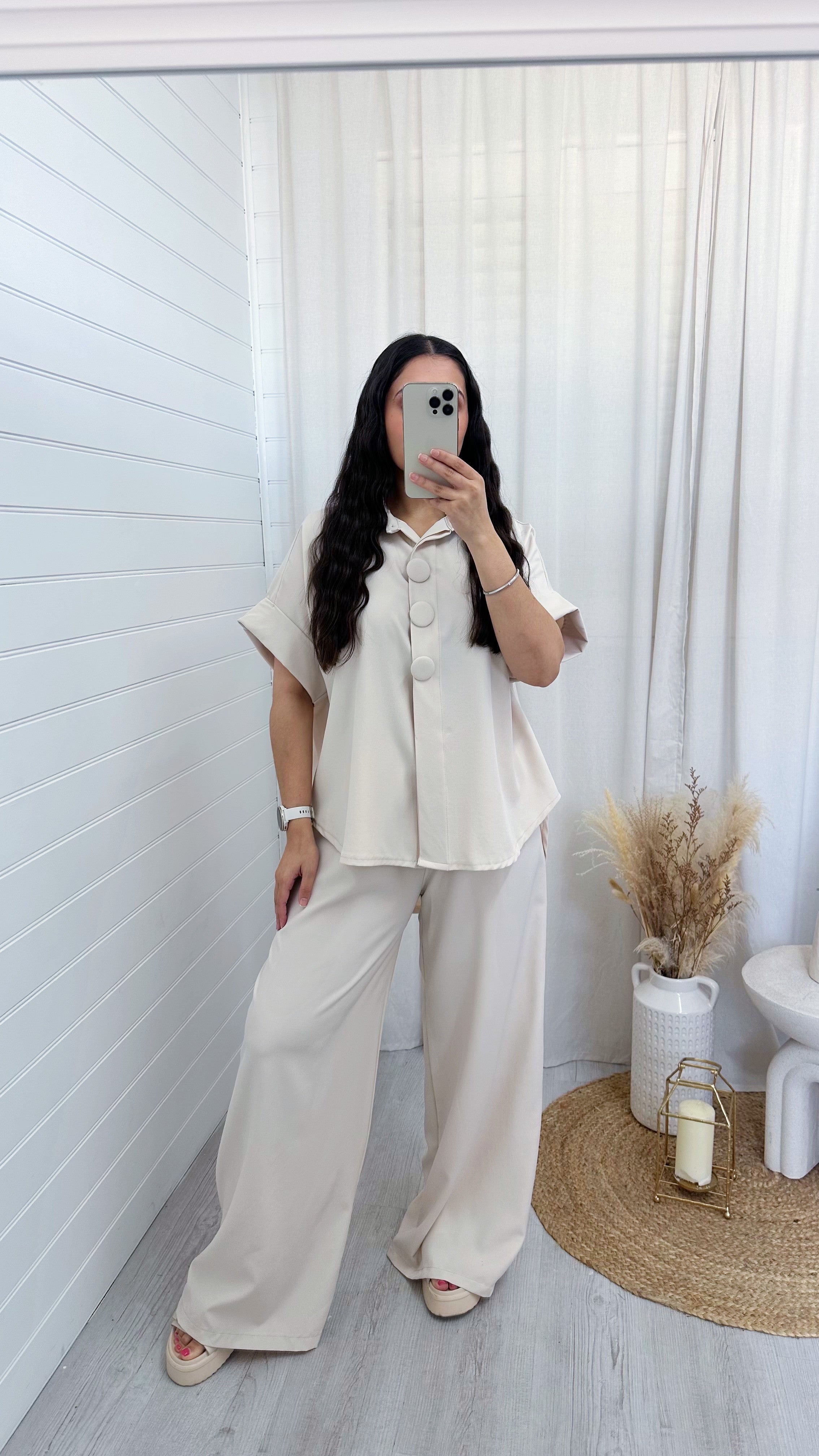 Chunky Button Shirt and Wide Leg Trousers Co-Ord - BEIGE