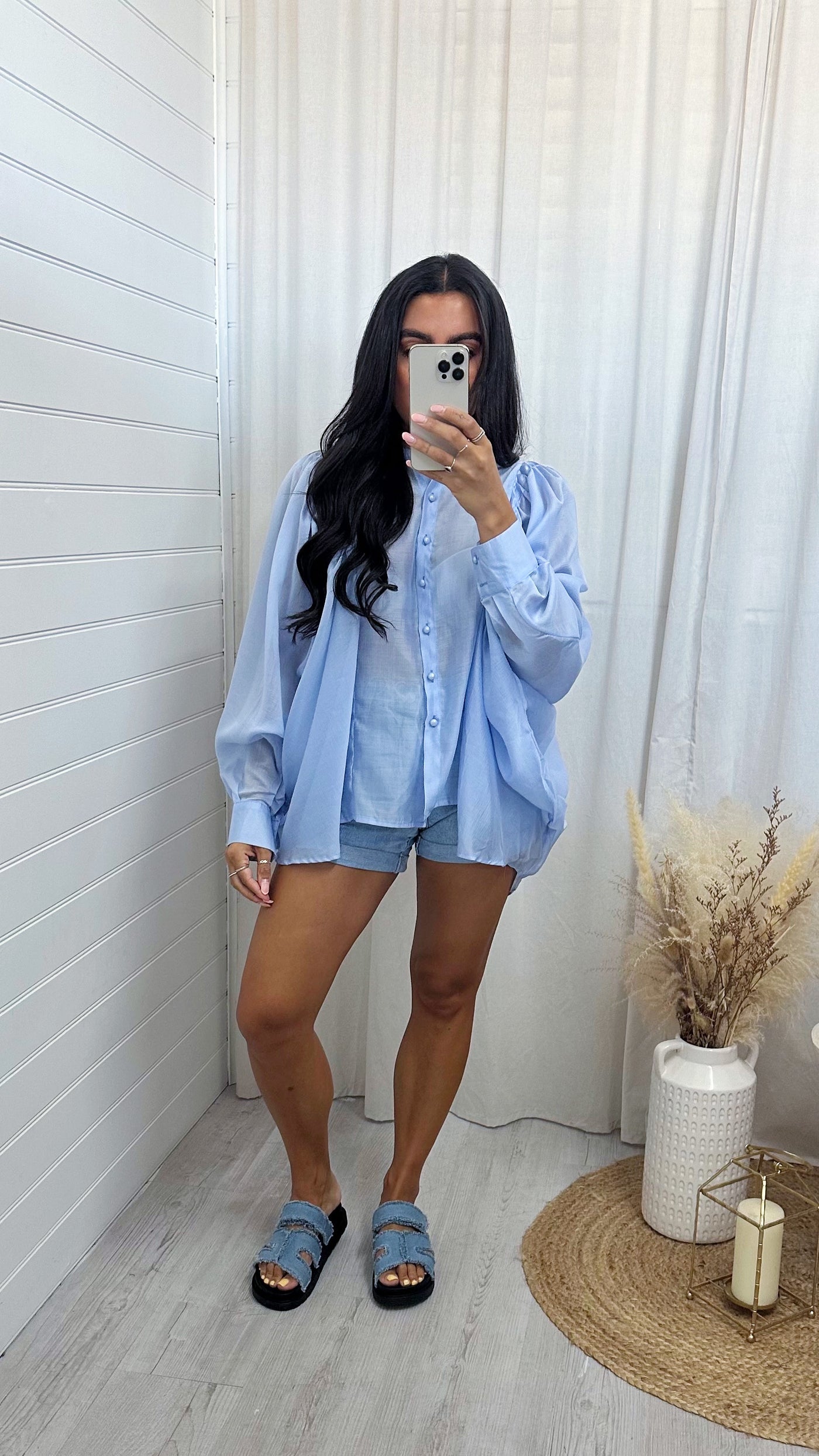 Balloon Sleeve Sheer Blouse - BLUE