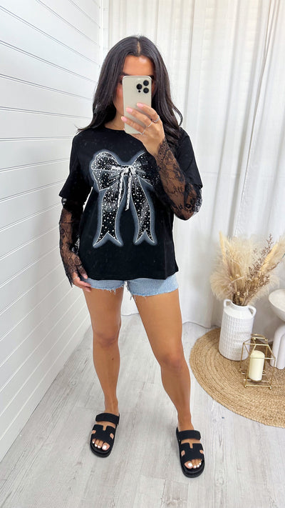Lace Sleeve Rhinestone Bow T-Shirt - BLACK