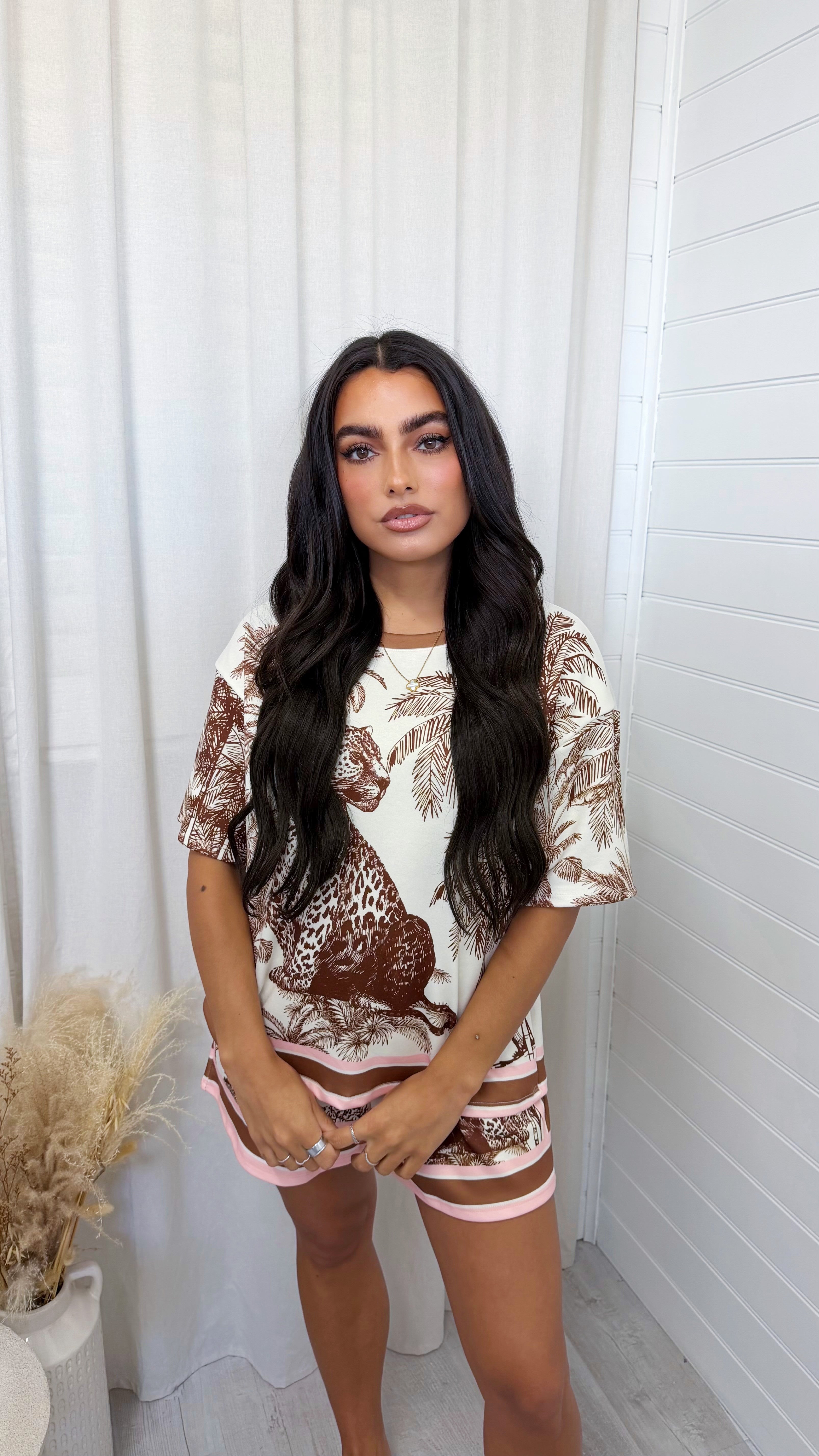 Cheetah Print T-Shirt and Shorts Co-Ord - BROWN
