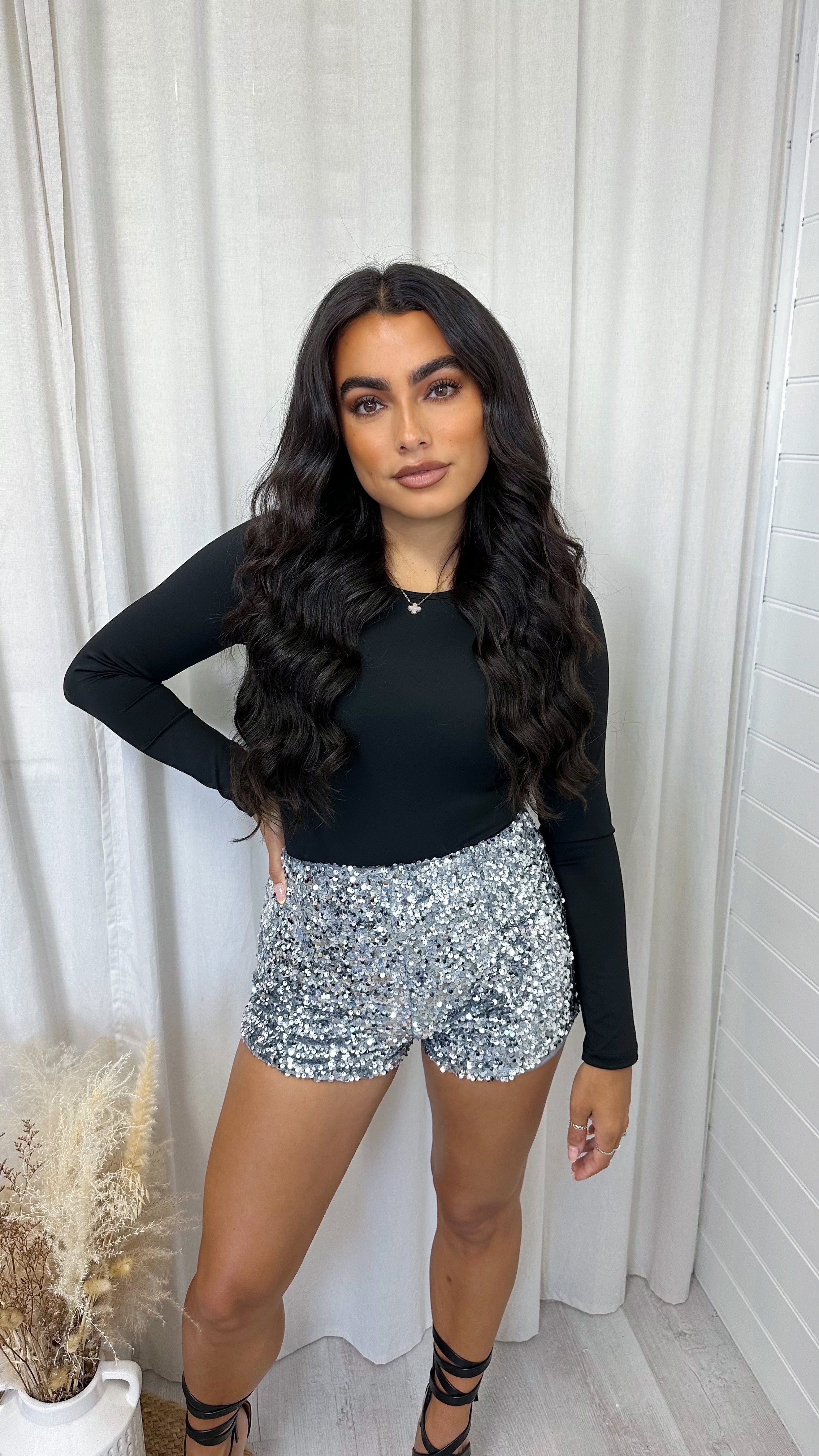 Sequin Velvet High Waisted Shorts - SILVER